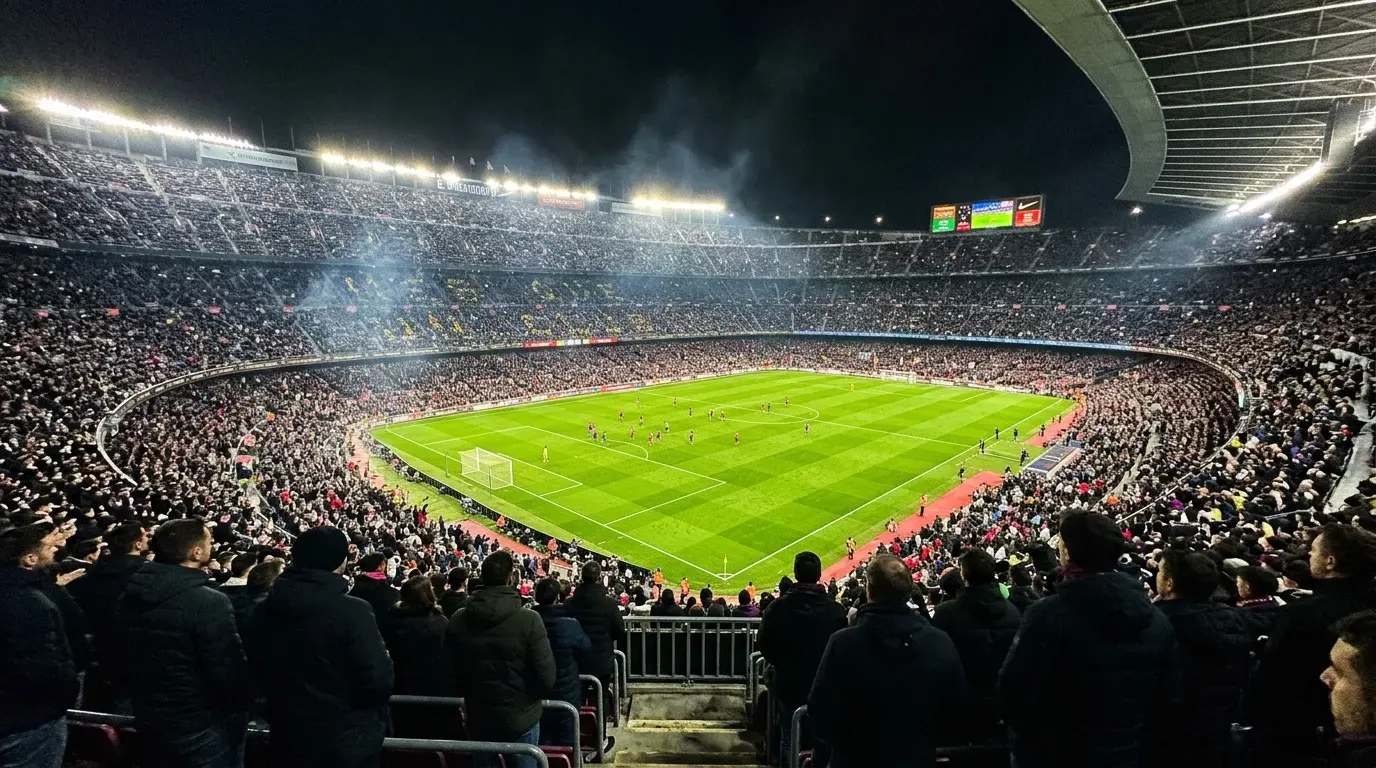 Estadio de futebol iluminado a noite visto das bancadas durante um jogo ao vivo