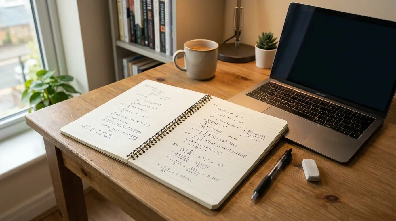 Secretaria com caderno aberto mostrando formulas matematicas ao lado de um portatil
