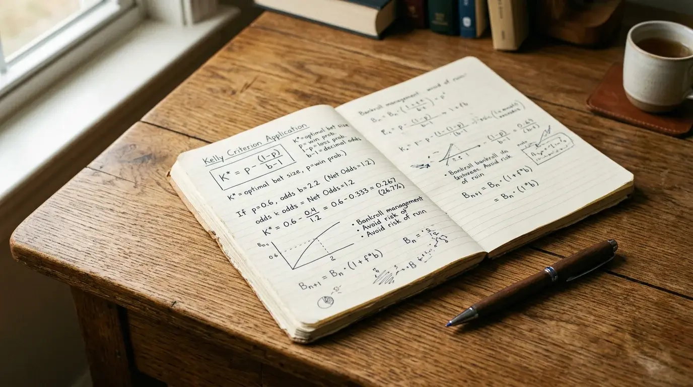 Caderno com formulas matematicas escritas a mao ao lado de uma caneta sobre mesa de madeira