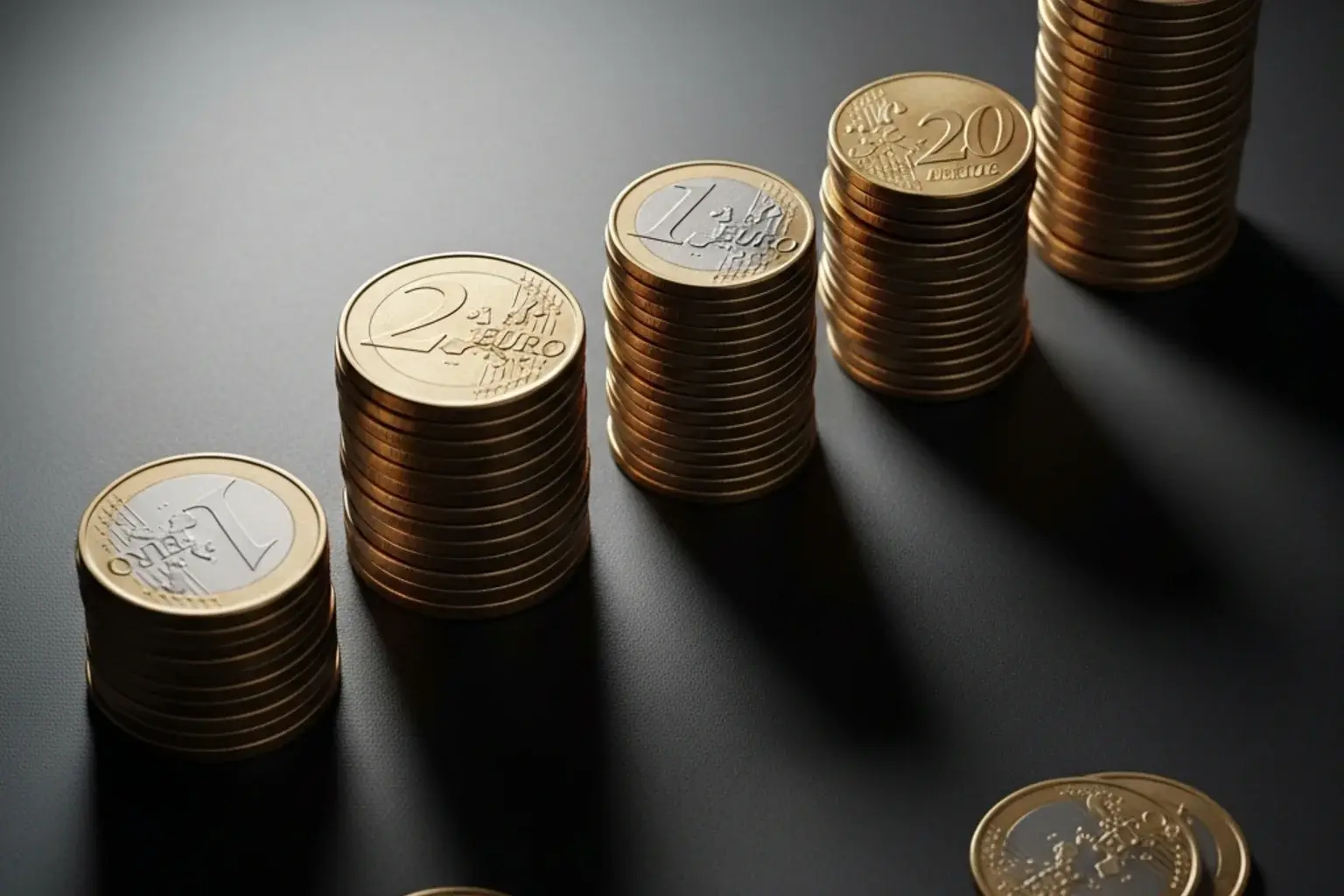 Moedas de euro empilhadas em colunas de alturas diferentes sobre uma mesa escura