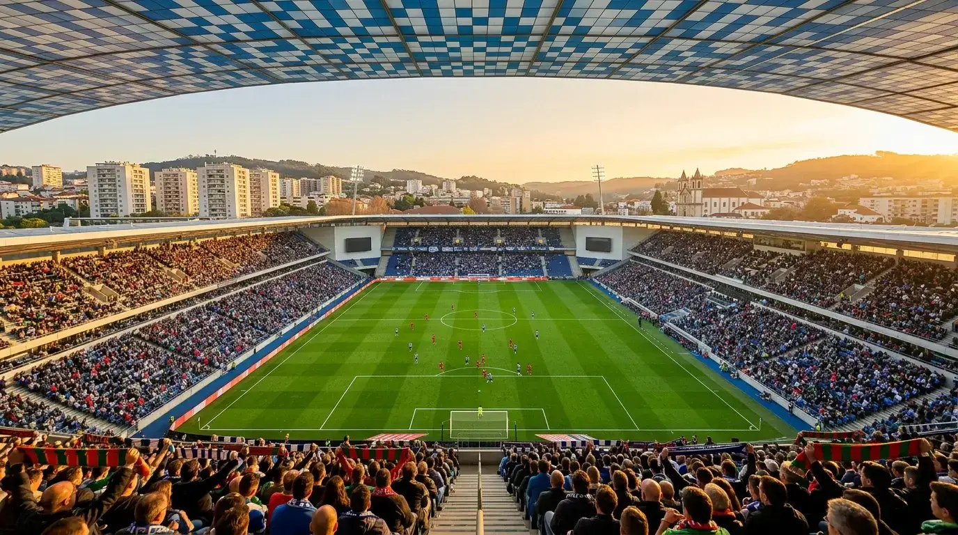 Estádio de futebol em Portugal com adeptos nas bancadas
