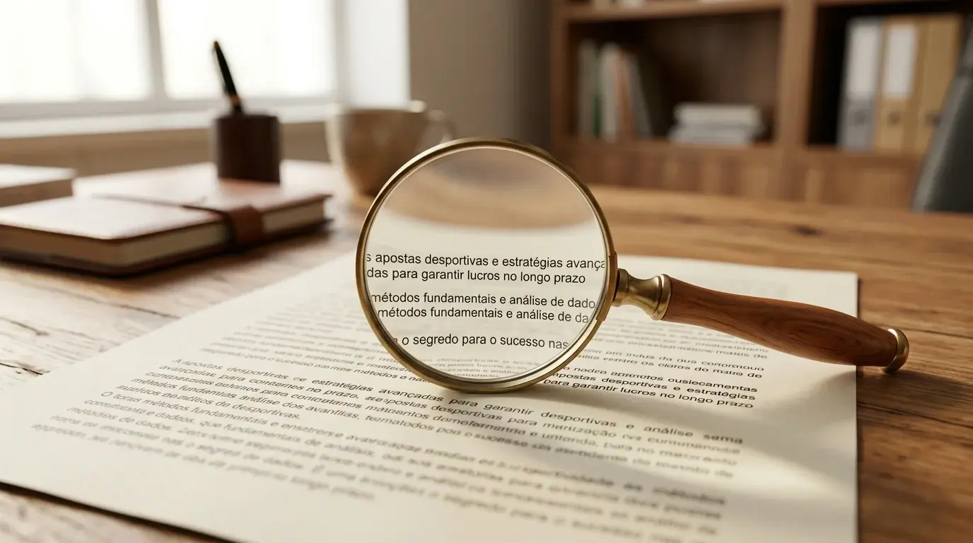Lupa sobre uma folha de papel com texto impresso num ambiente de escritorio
