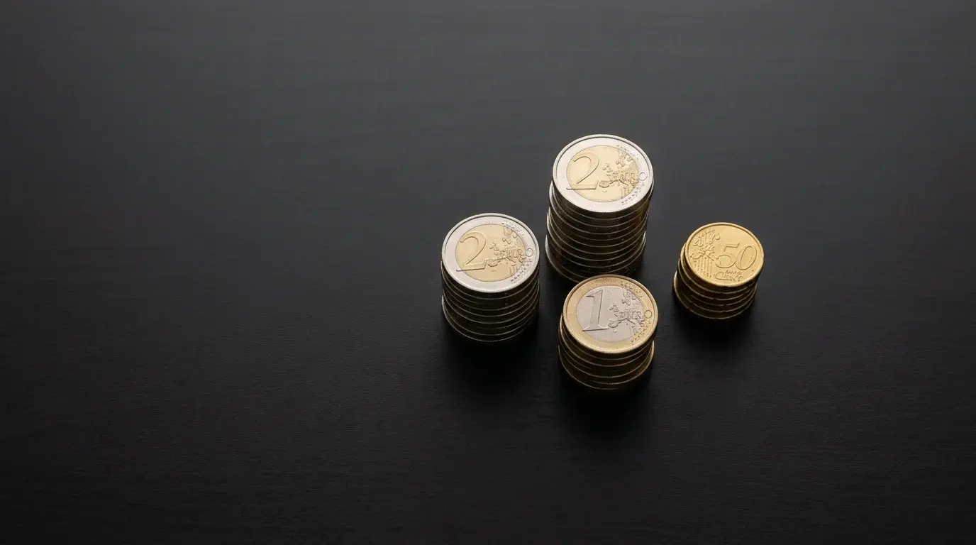 Tres pilhas de moedas de euro de alturas diferentes sobre uma mesa escura
