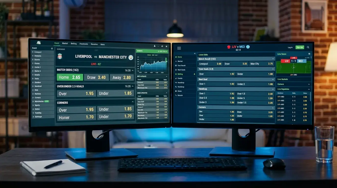 Dois ecras de computador lado a lado mostrando odds diferentes para o mesmo evento desportivo