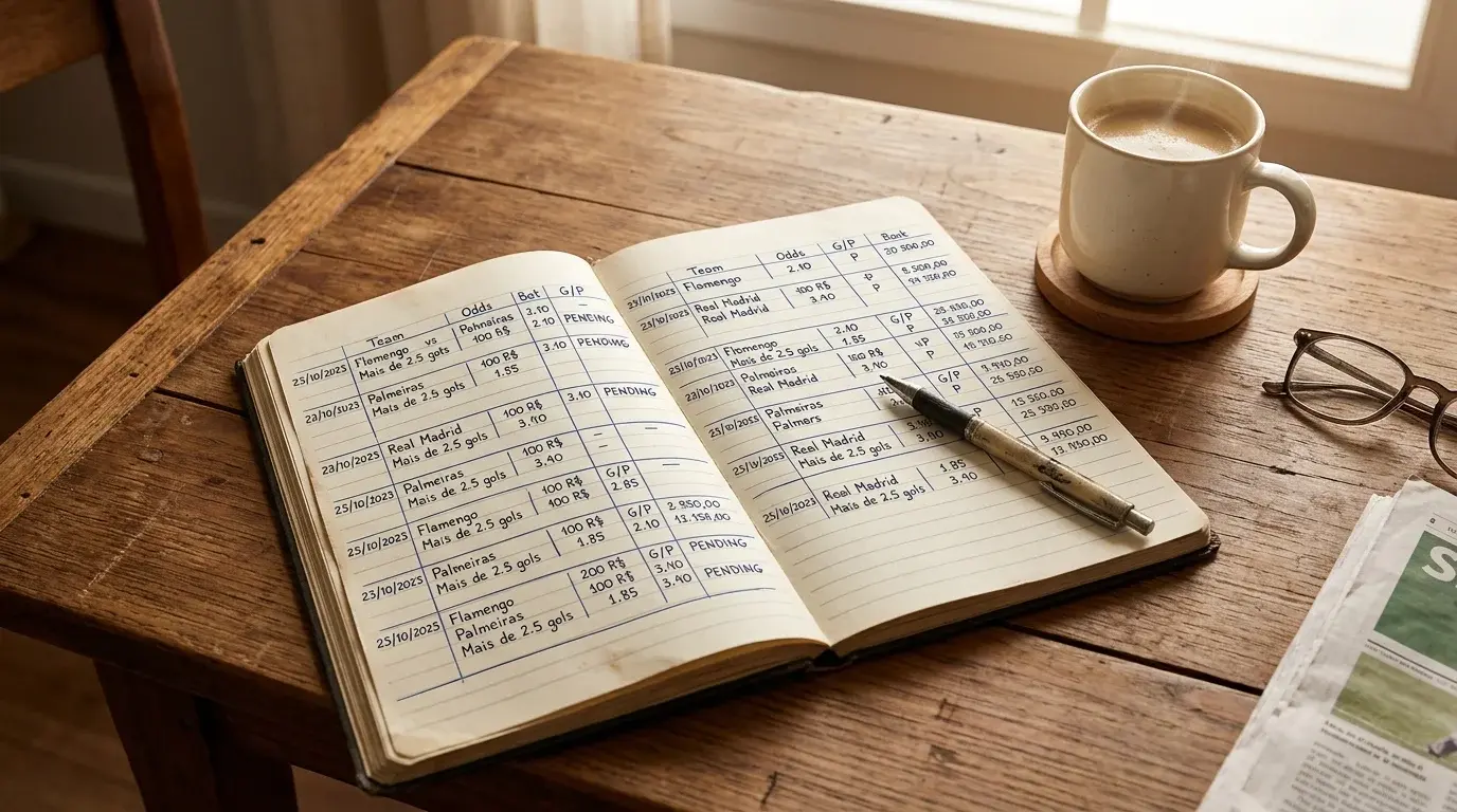 Caderno aberto com tabelas de registos escritas a mao ao lado de uma chavena de cafe