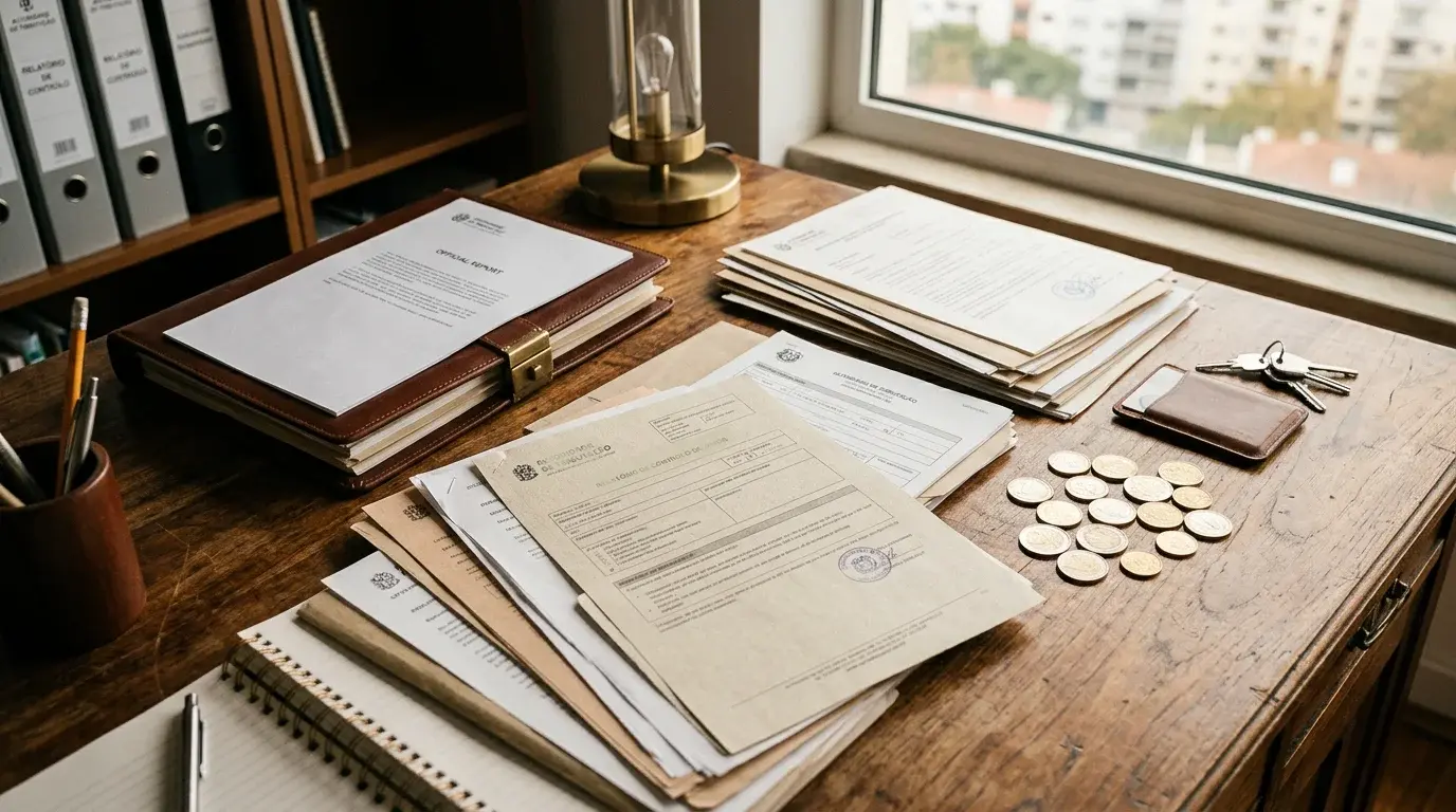Documentos oficiais e moedas de euro sobre uma secretaria de madeira com luz natural