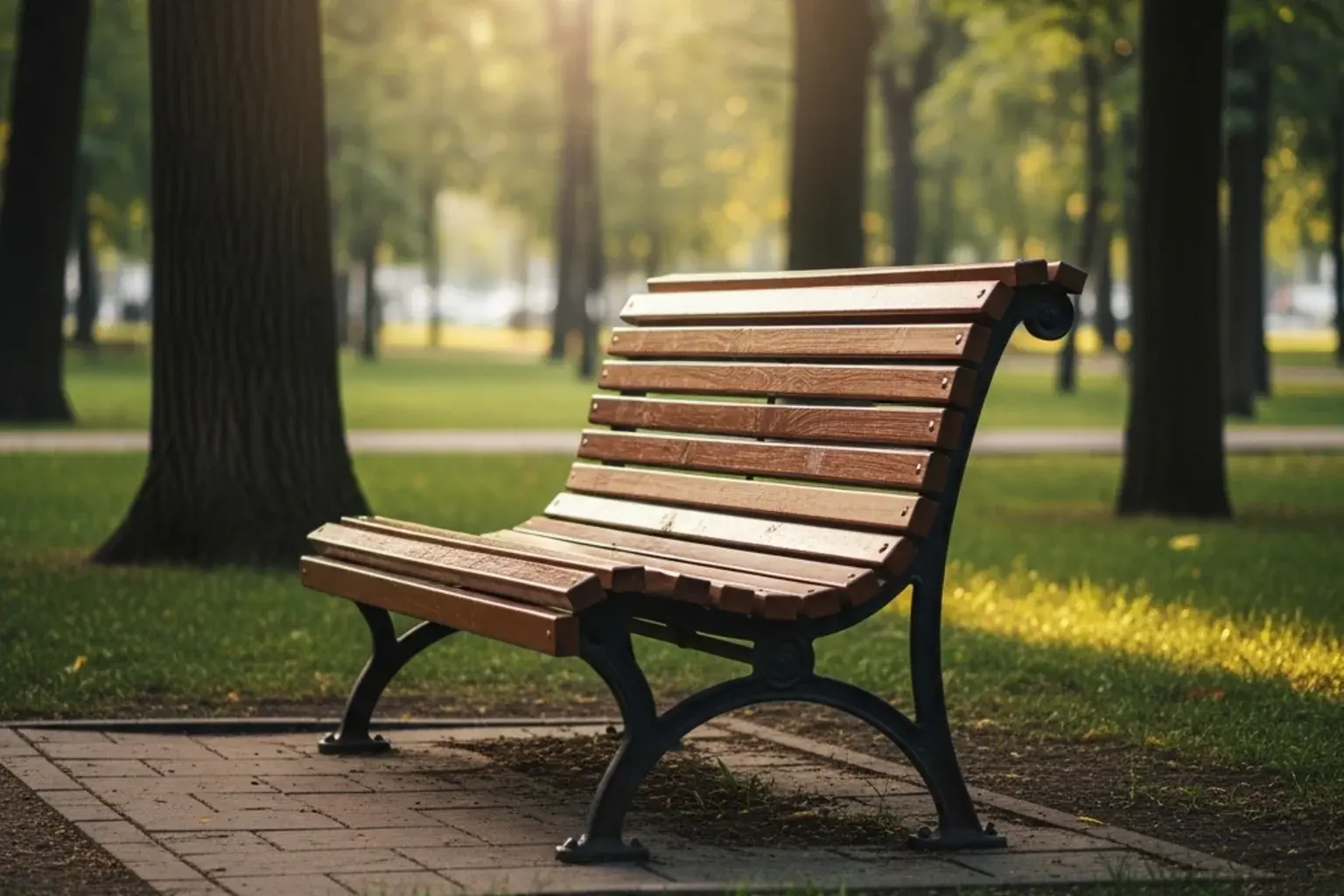 Banco de jardim vazio num parque tranquilo com luz suave da manha