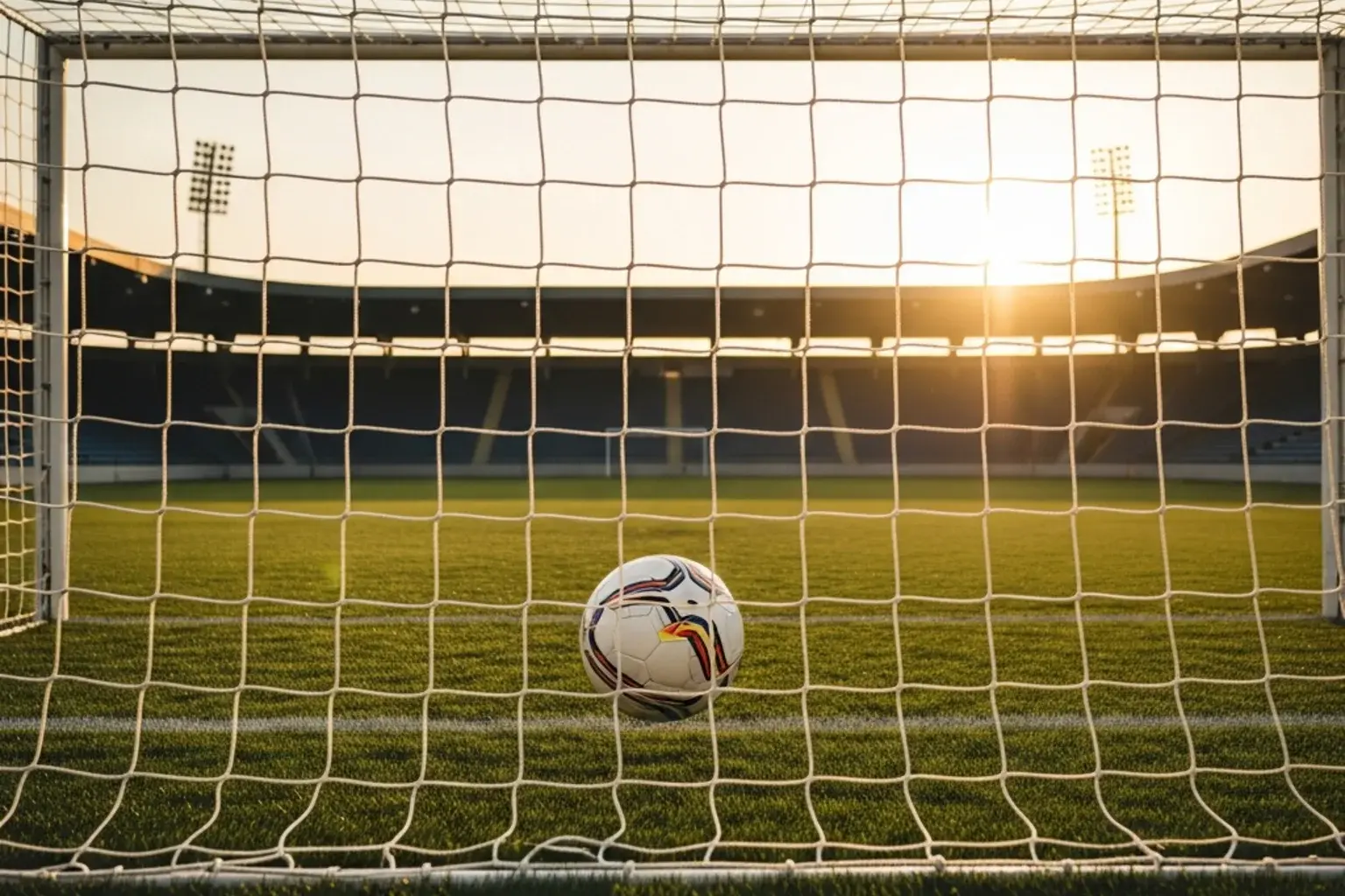 Baliza de futebol vista de frente com rede e relvado verde ao entardecer